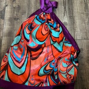 Marciano 100%silk Multicolor Swirl Halter Top in Orange, Turquoise & Purple